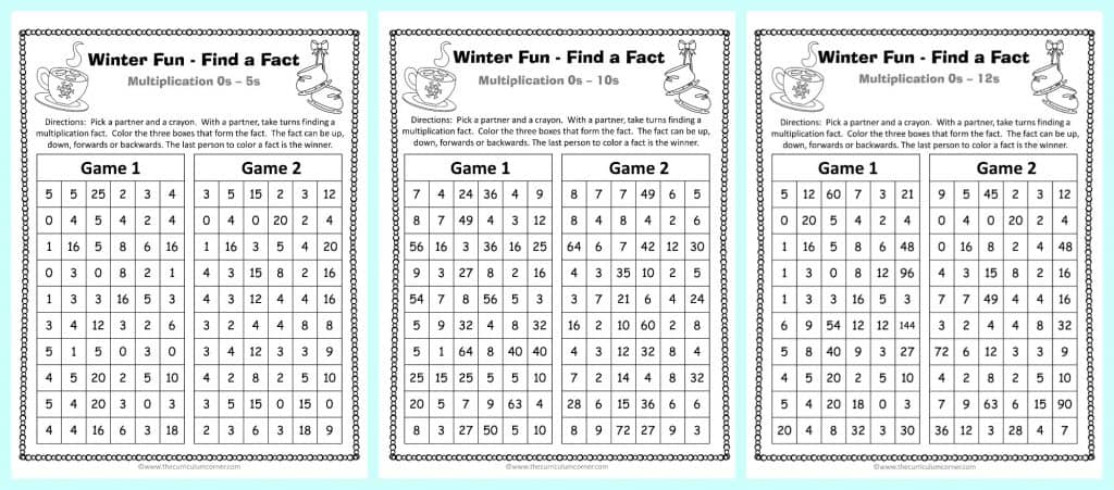winter find a fact multiplication games the curriculum corner 123