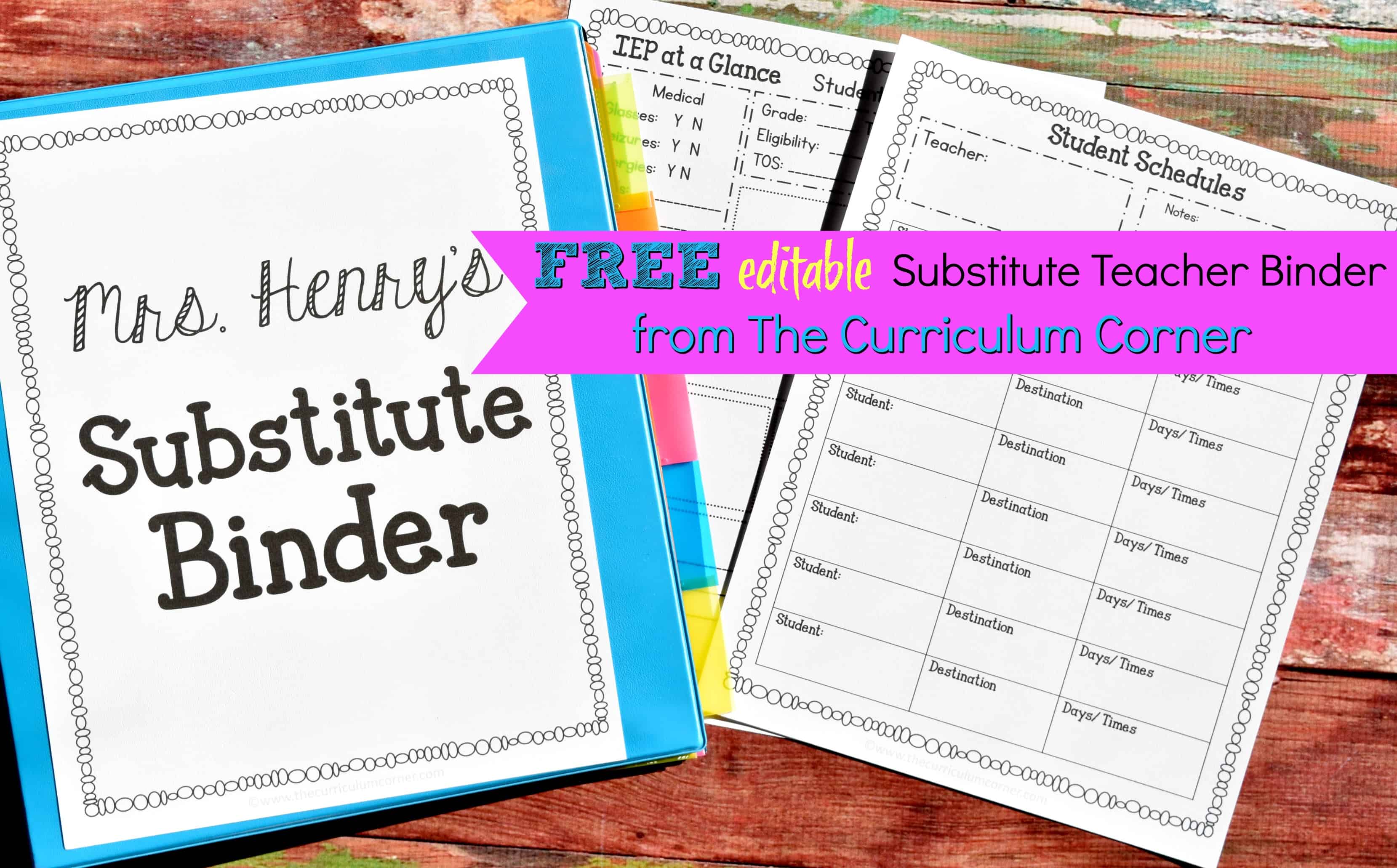 Editable Substitute Planning Binder The Curriculum Corner 123
