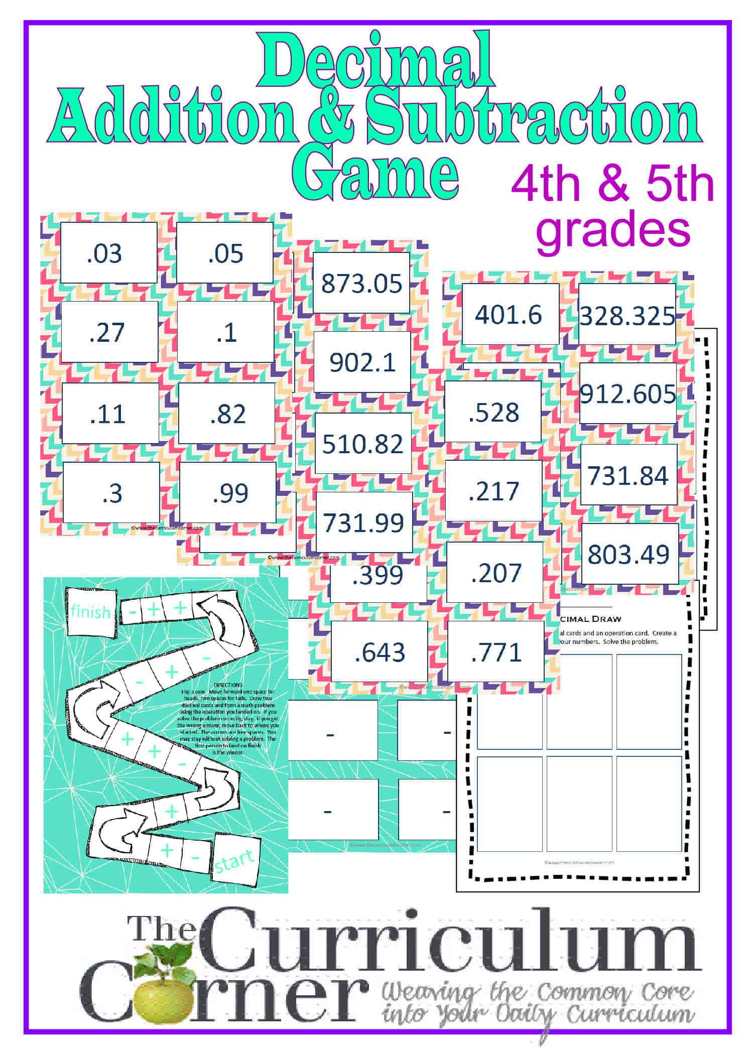 Adding & Subtracting Decimals Game The Curriculum Corner 456