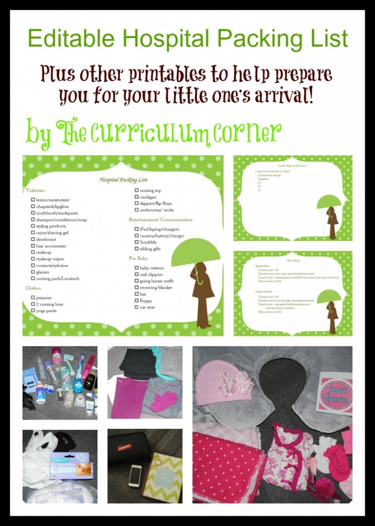 Editable Hospital Bag Packing Lists by The Curriculum Corner