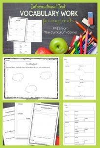 Free informational text vocabulary work from The Curriculum Corner