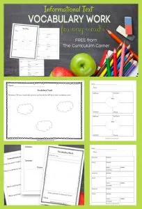 Free informational text vocabulary work from The Curriculum Corner
