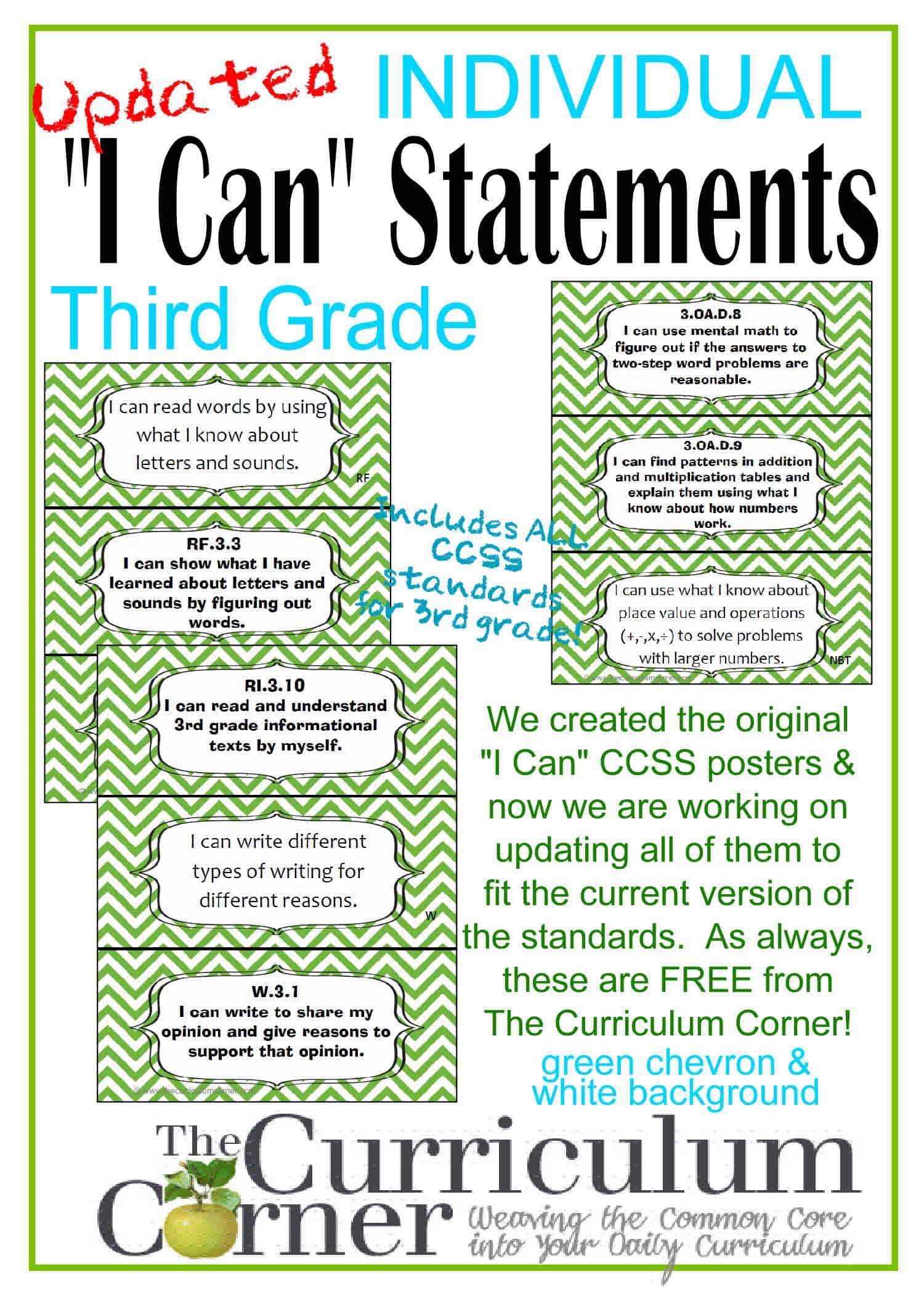 Individual i can statements by the curriculum corner ccss i can