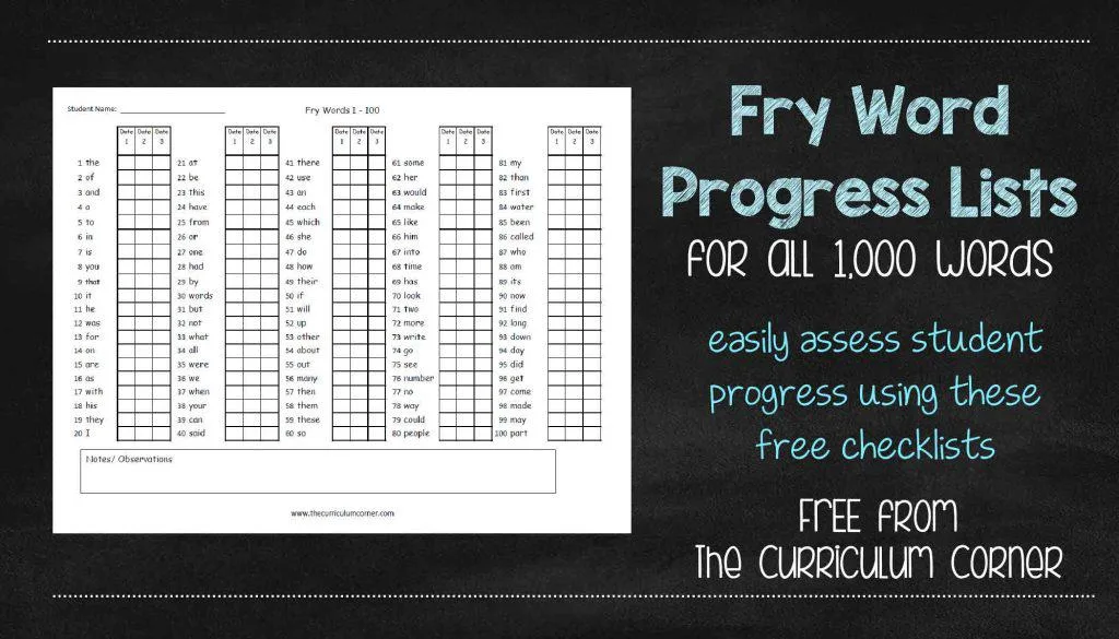 Fry Word Progress Checklists FREE from The Curriculum Corner