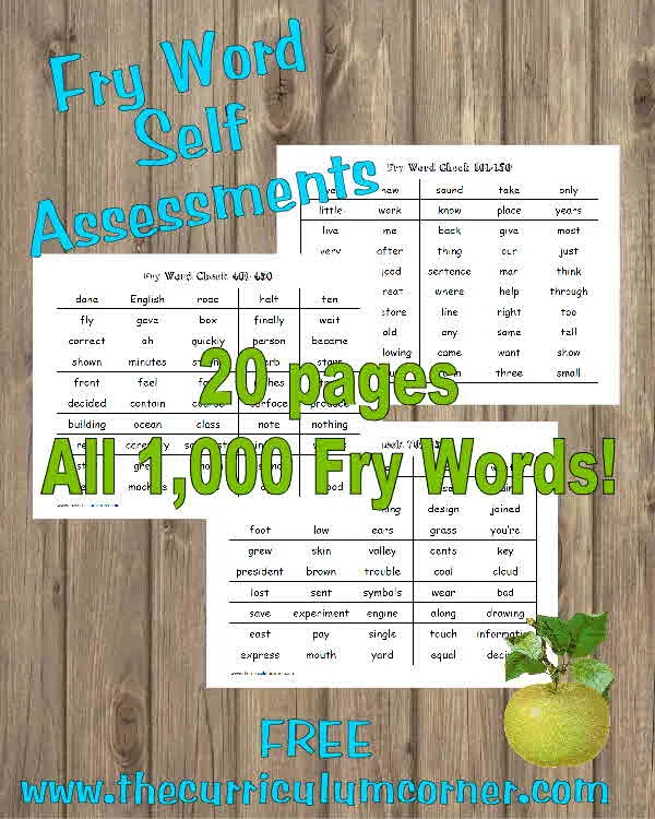 Fry Word Self Assessment Pages FREE from The Curriculum Corner 20 pages, all 1,000 words