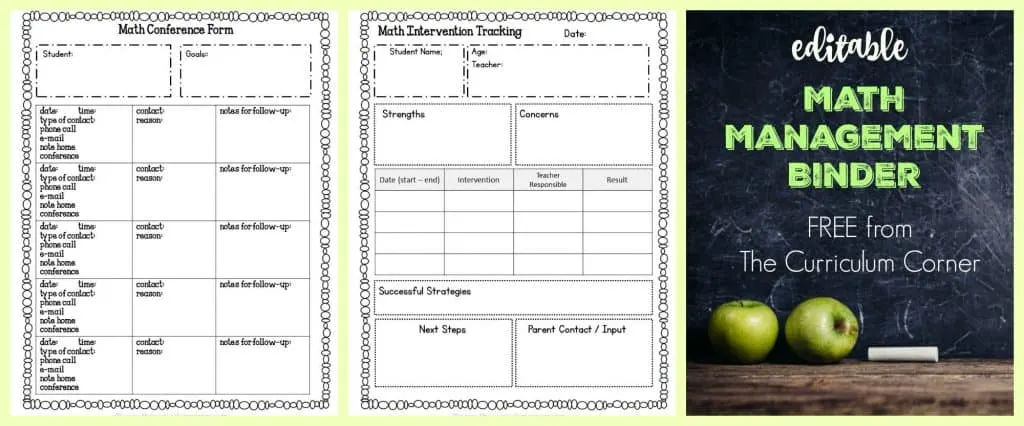 FREE Editable Math Management Binder from The Curriculum Corner | complete binder free | free reading binder and planning binders available too!