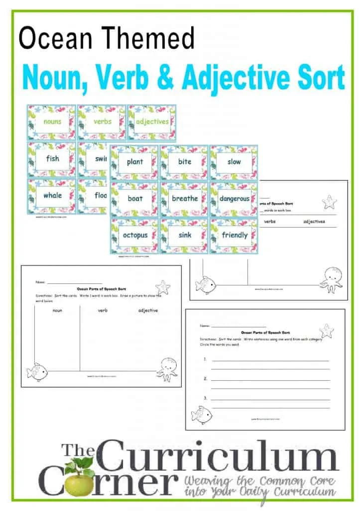 Ocean Themed Noun, Verb, Adjective Sort free from The Curriculum Corner with recording pages