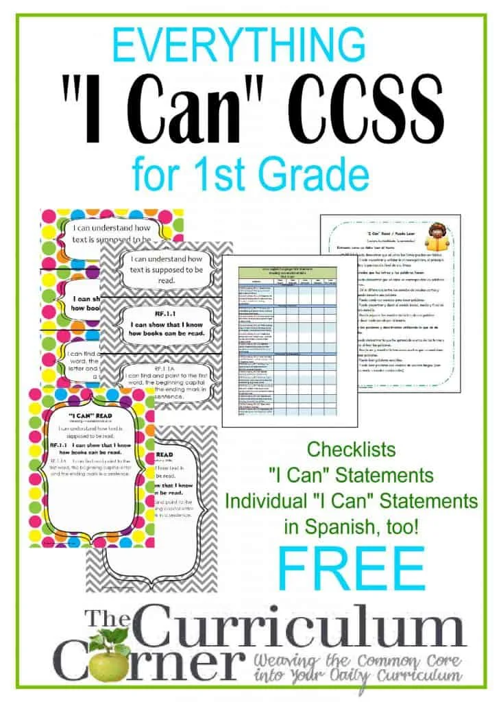1st Grade I Can Statements FREE from www.thecurriculumcorner.com for 1st Grade | checklists | posters | Spanish | CCSS | Common Core | Individual Statements - different colors & layouts!