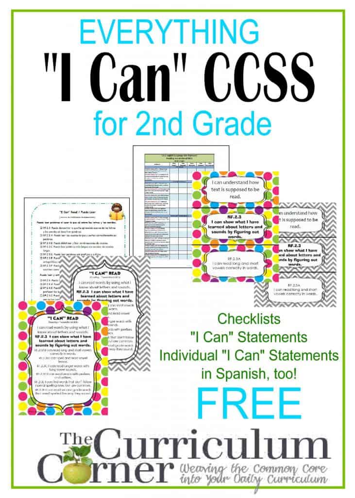 "I Can" Statements FREE from www.thecurriculumcorner.com for 2nd Grade | checklists | posters | Spanish | CCSS | Common Core | Individual Statements - different colors & layouts!
