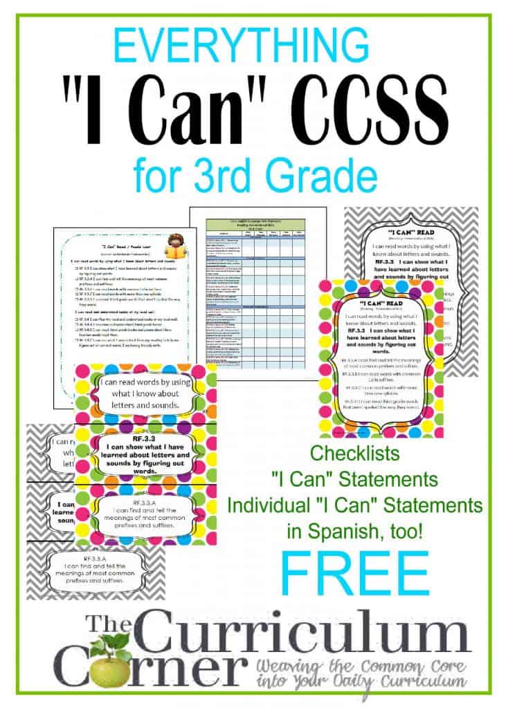I Can Common Core Kid Friendly Standards by www.thecurriculumcorner | 3rd grade checklists, individual standards, posters, Spanish I Cans | FREE