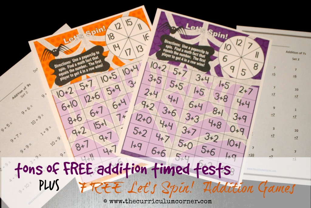 Tons of FREE addition timed tests + FREE Let's Spin math facts games from The Curriculum Corner