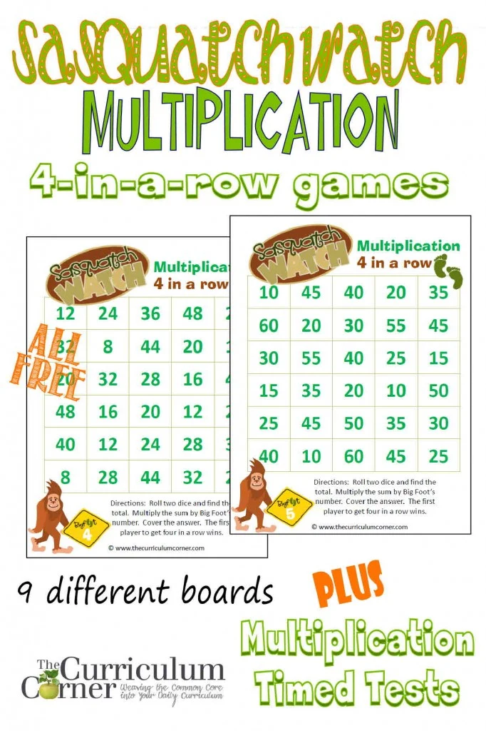 Free Big Foot Themed Multiplication Games from The Curriculum Corner PLUS Basic Facts Strategies with Multiplication Timed Tests 