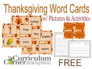 Thanksgiving Word Cards with matching pictures and activity cards plus, recording pages FREE from The Curriculum Corner