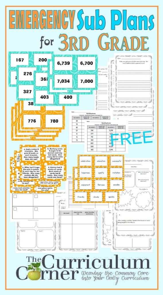 Third Grade Emergency Sub Plans for 1st Grade FREE from The Curriculum Corner | math, reading, writing, 