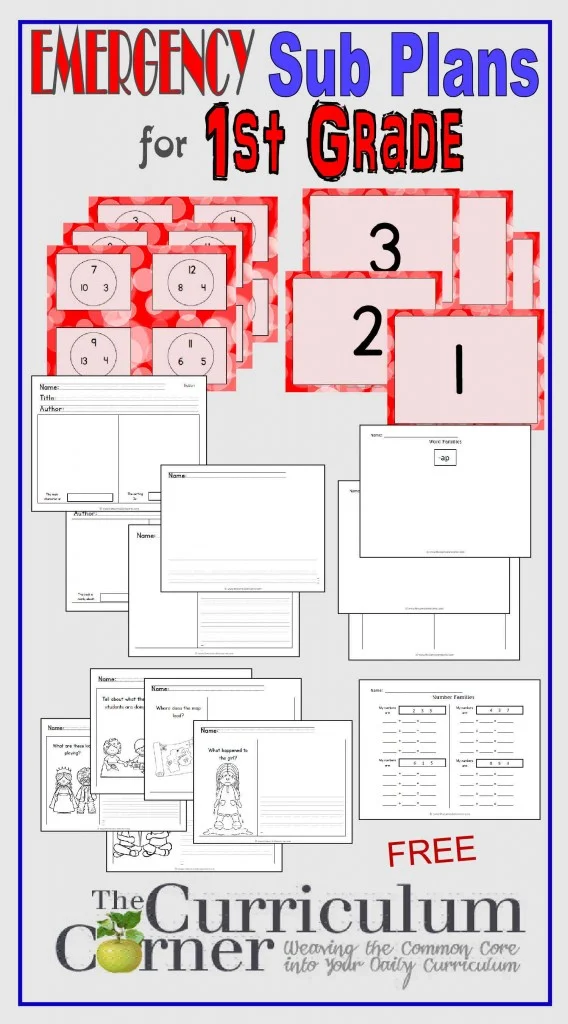 First Grade Emergency Sub Plans for 1st Grade FREE from The Curriculum Corner | math, reading, writing, 
