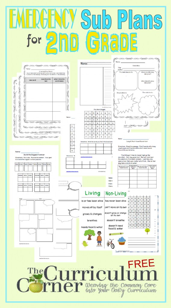 Second Grade Emergency Sub Plans for 1st Grade FREE from The Curriculum Corner | math, reading, writing, 