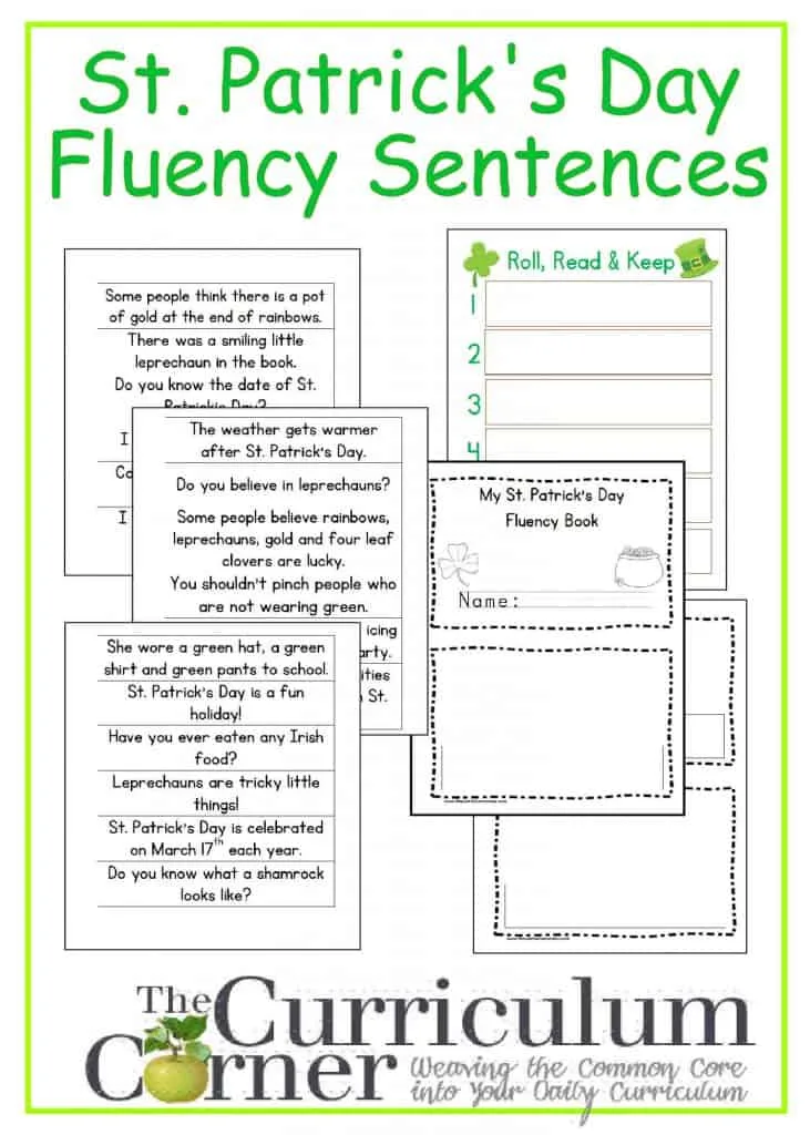 St. Patrick's Day Fluency Phrases free from The Curriculum Corner with booklet and Roll, Read & Keep board game
