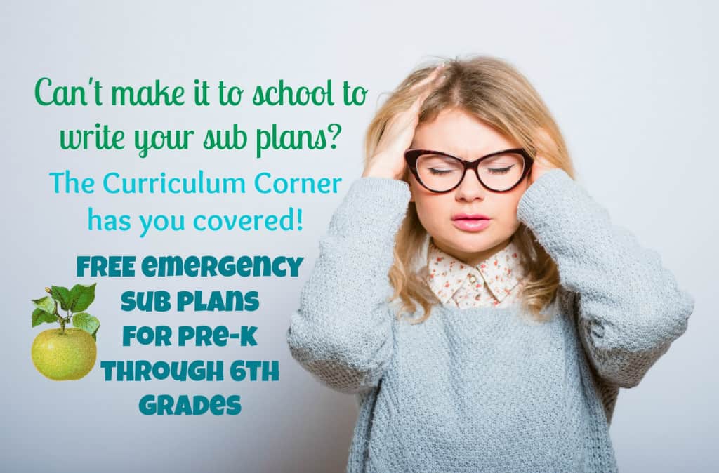 FREE Emergency Sub Plans for pre-k, kindergarten, first, second, third, fourth, fifth, sixth grade classrooms; from The Curriculum Corner