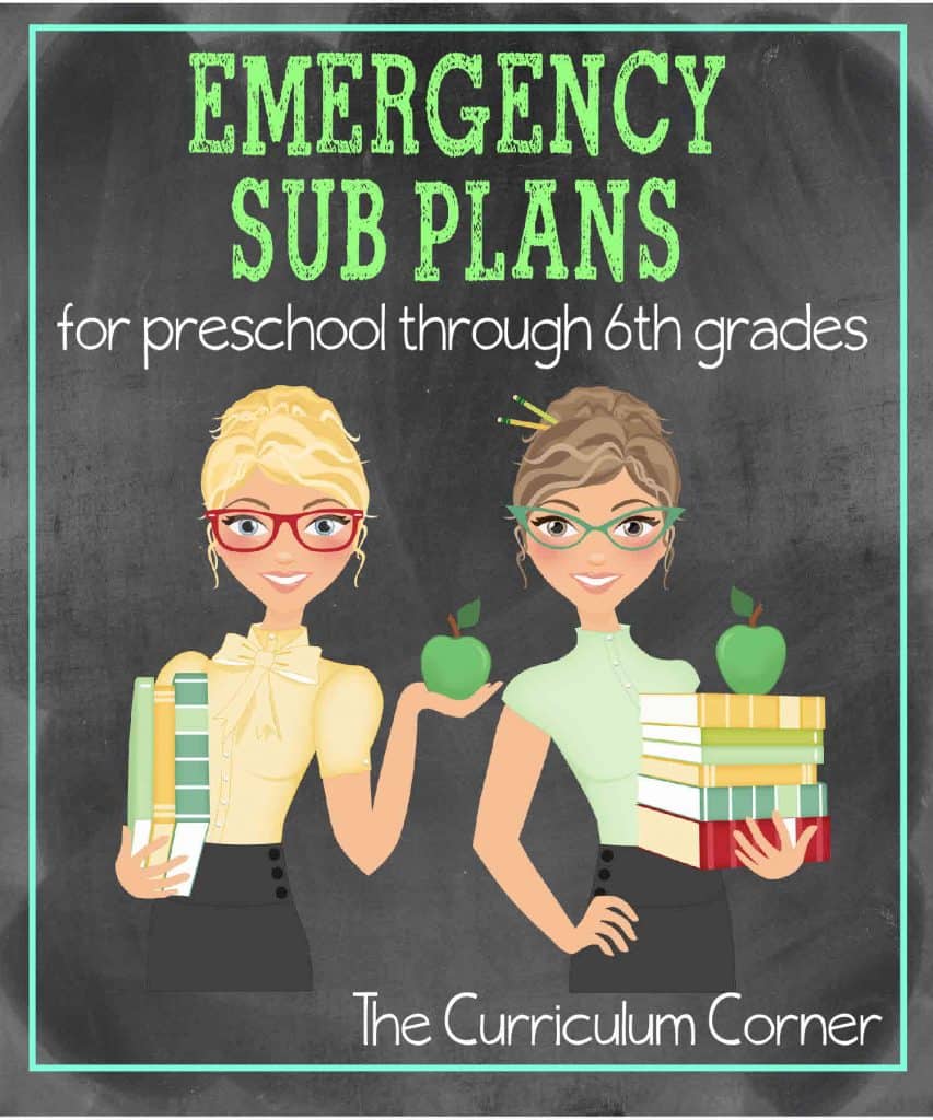 Emergency Sub Plans for preschool through 6th grades - FREE from The Curriculum Corner| Includes centers, graphic organizers, written plans & so much more!