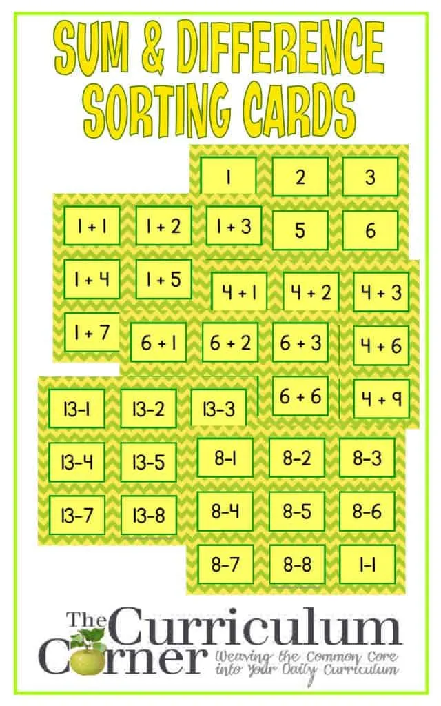 Sum & Difference Sorting Cards FREE from The Curriculum Corner