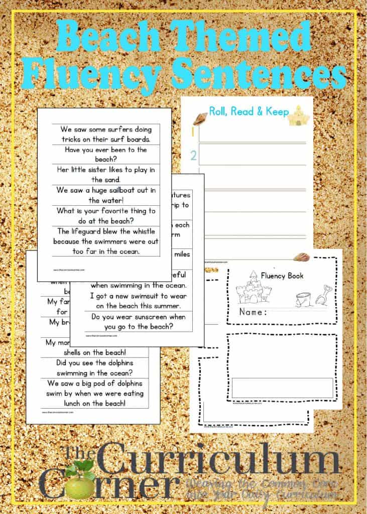 Beach Fluency Sentences and Fluency Booklet free from The Curriculum Corner | Roll, Read, Keep