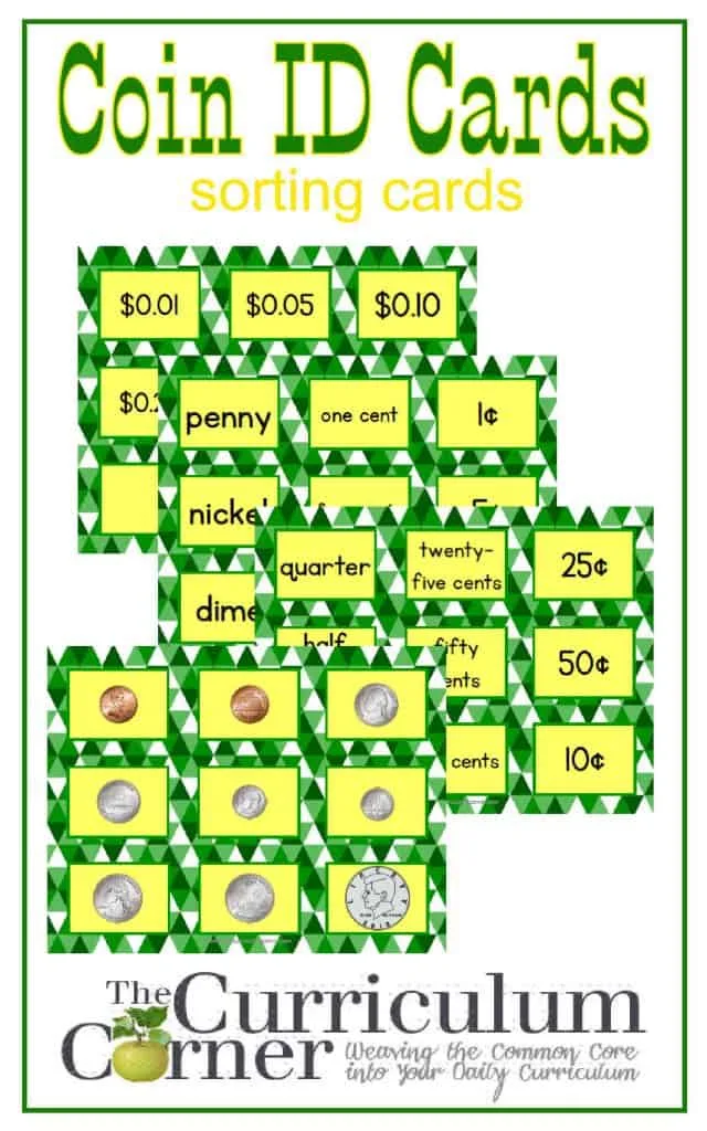 Coin identification sorting cards free from The Curriculum Corner