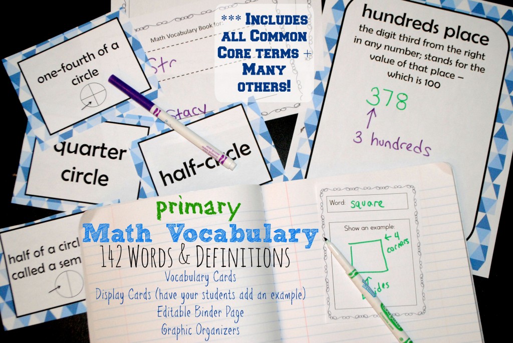 Math Vocabulary for Primary Grades - WOW! What a find - includes 142 vocab words, definitions, display cards, binder pages & graphic organizers! Covers all 1st, 2nd & 3rd grade math terms. FREE from The Curriculum Corner