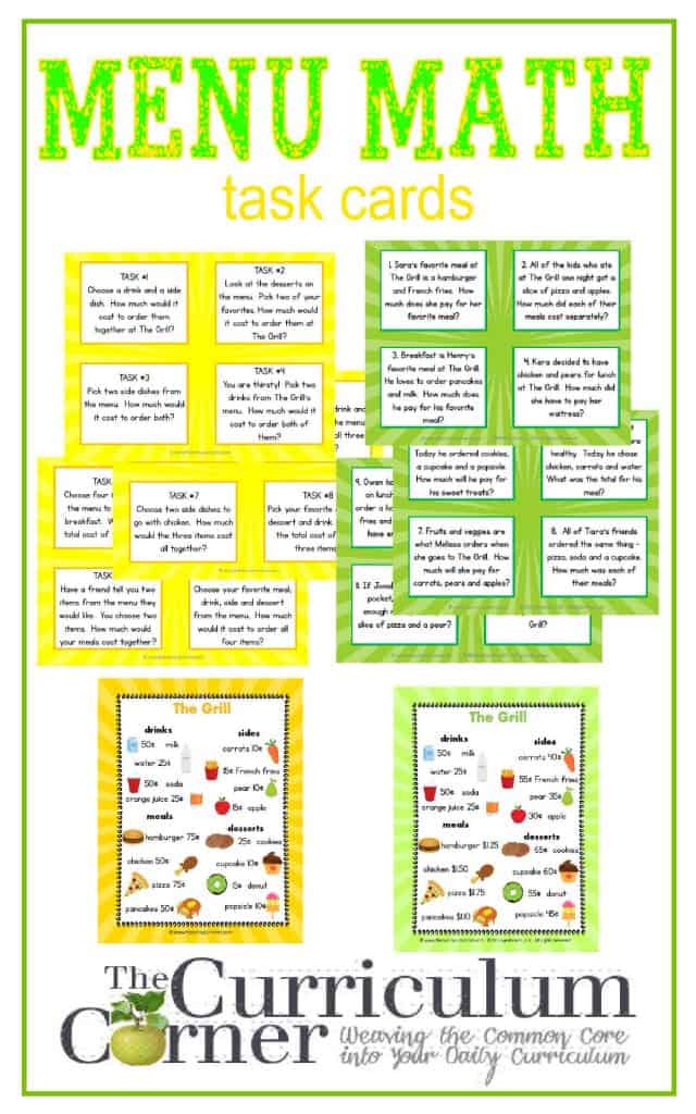 Menu Math Task Cards, Menu & Recording Page | Two Levels | FREE from The Curriculum Corner