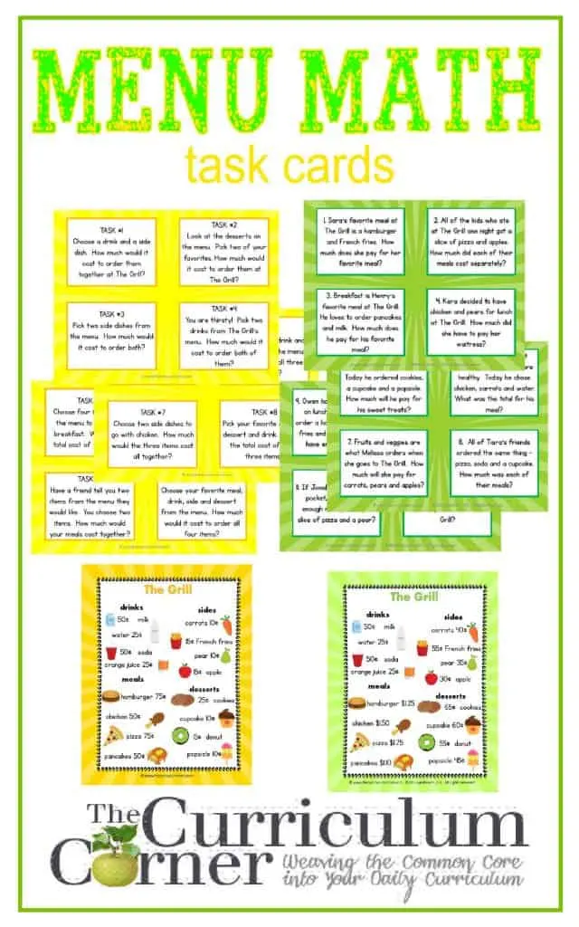 Menu Math Task Cards, Menu & Recording Page | Two Levels | FREE from The Curriculum Corner