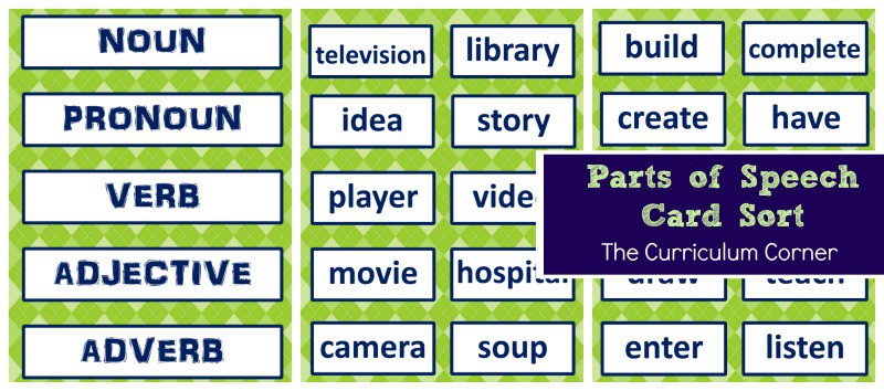 Parts of Speech Card Sort free from The Curriculum Corner