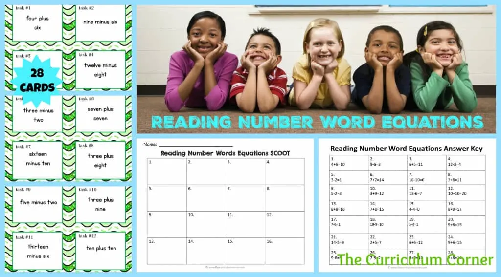 Number Word Equations Task Cards & Scoot Game | Addition & Subtraction Facts | Reading Number Words | FREE | The Curriculum Corner
