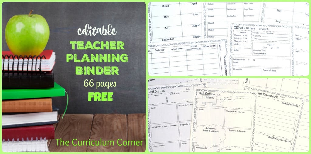 FREEBIE! Editable teacher planning binder - 66 pages! Free from The Curriculum Corner