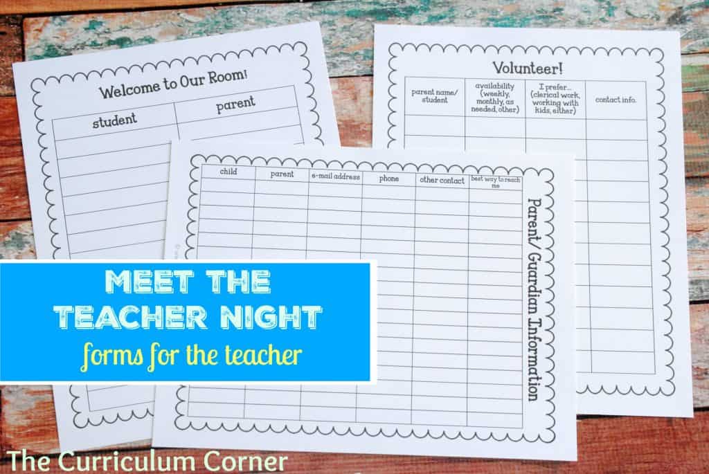 Forms for the Teacher - Meet the Teacher NIght The Curriculum Corner FREE
