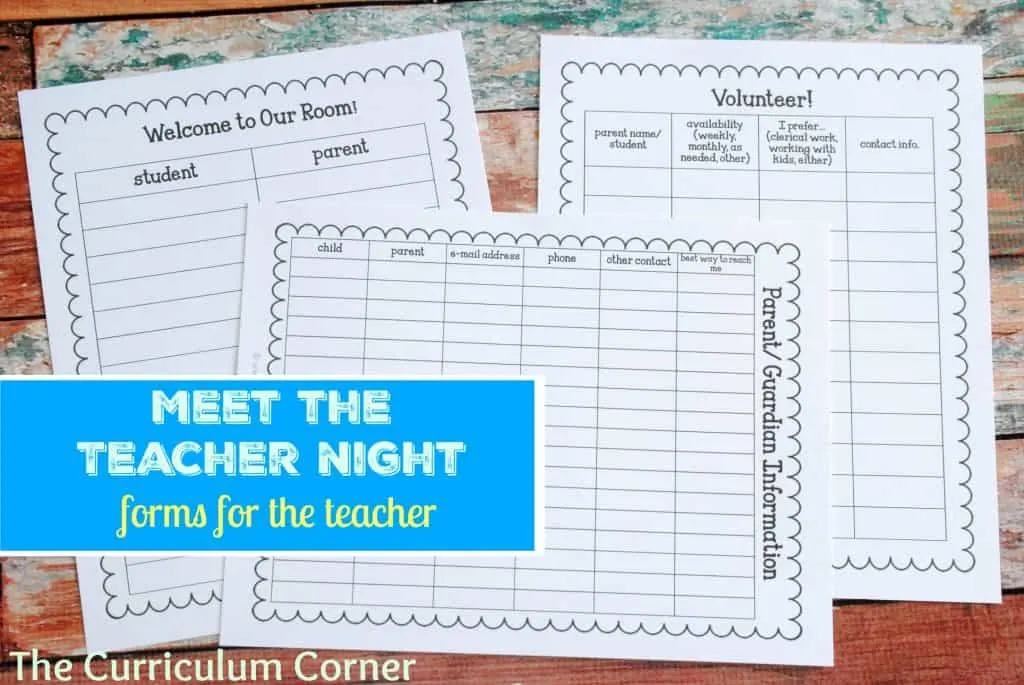 Forms for the Teacher - Meet the Teacher NIght The Curriculum Corner FREE