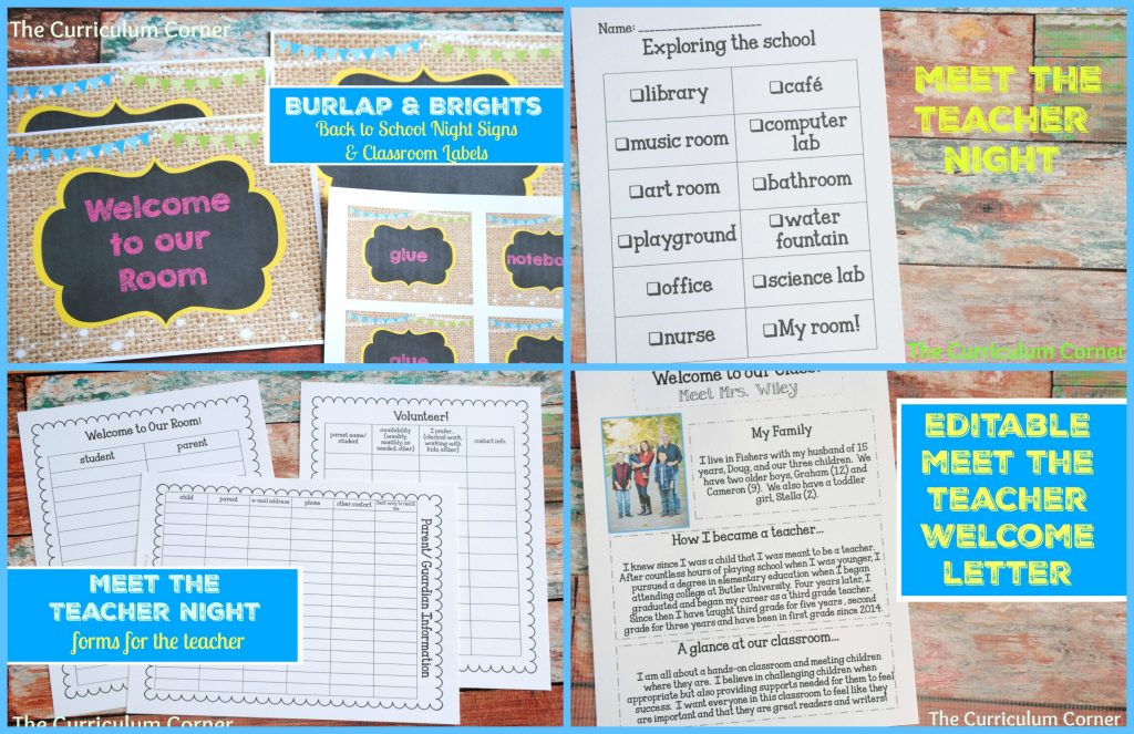Meet the Teacher Night Burlap & Brights signs (editable), forms for teachers, newsletter & more! FREE from The Curriculum Corner