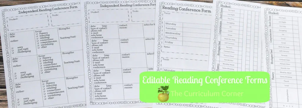 Assorted Reading Conference Forms part of Editable Reading Management Binder FREE from The Curriculum Corner
