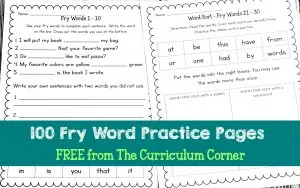 HUGE FREEBIE!!! 100 FREE Fry Word Practice Pages from The Curriculum Corner