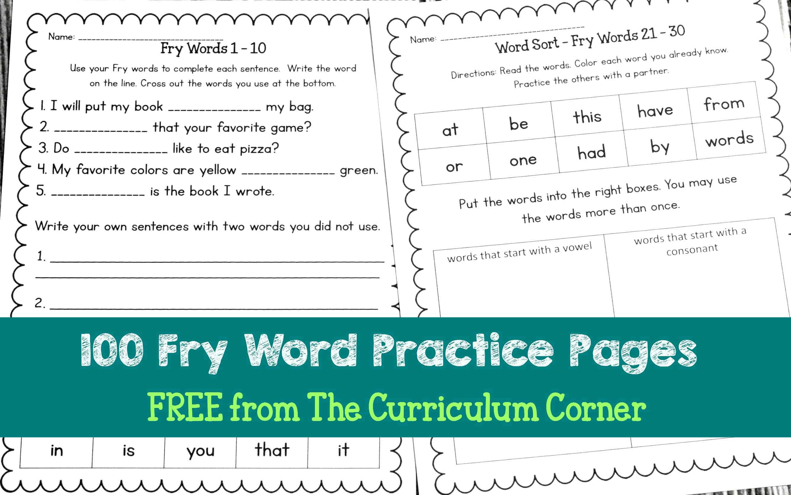 Fry Word Practice Pages The Curriculum Corner 123