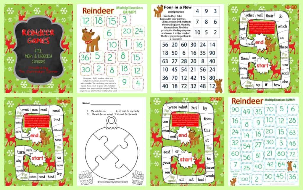 FREEBIE! Reindeer Games Centers for Math Facts & Fry Words from The Curriculum Corner | Fry Word Practice | Bump!