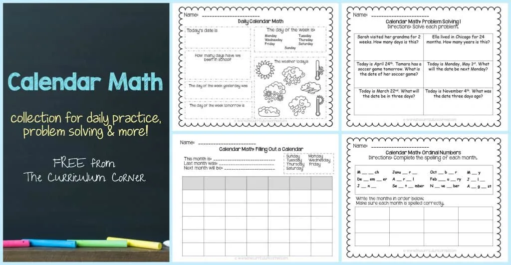 FREE Calendar Math Activities from The Curriculum Corner | calendar math journal | problem solving | anchor charts & more FREEBIE