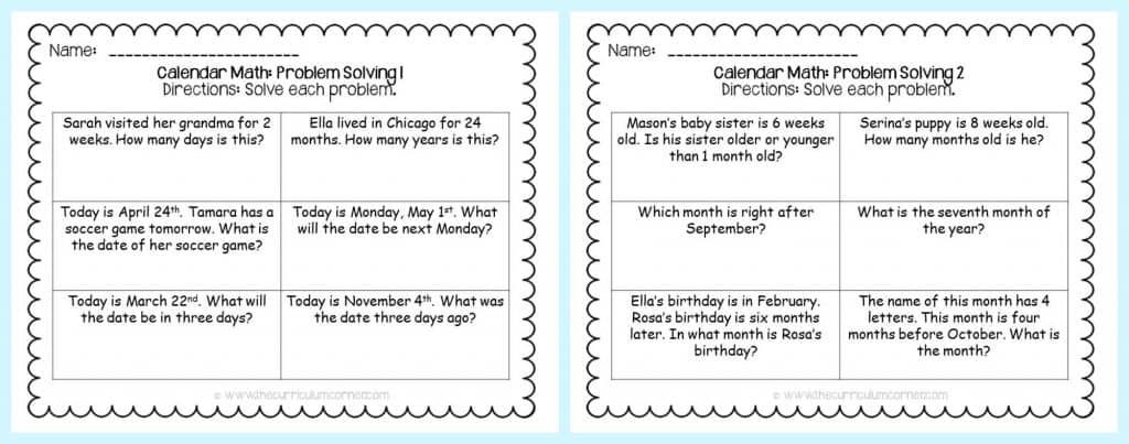 FREE Calendar Math Activities from The Curriculum Corner | calendar math journal | problem solving | anchor charts & more FREEBIE printables