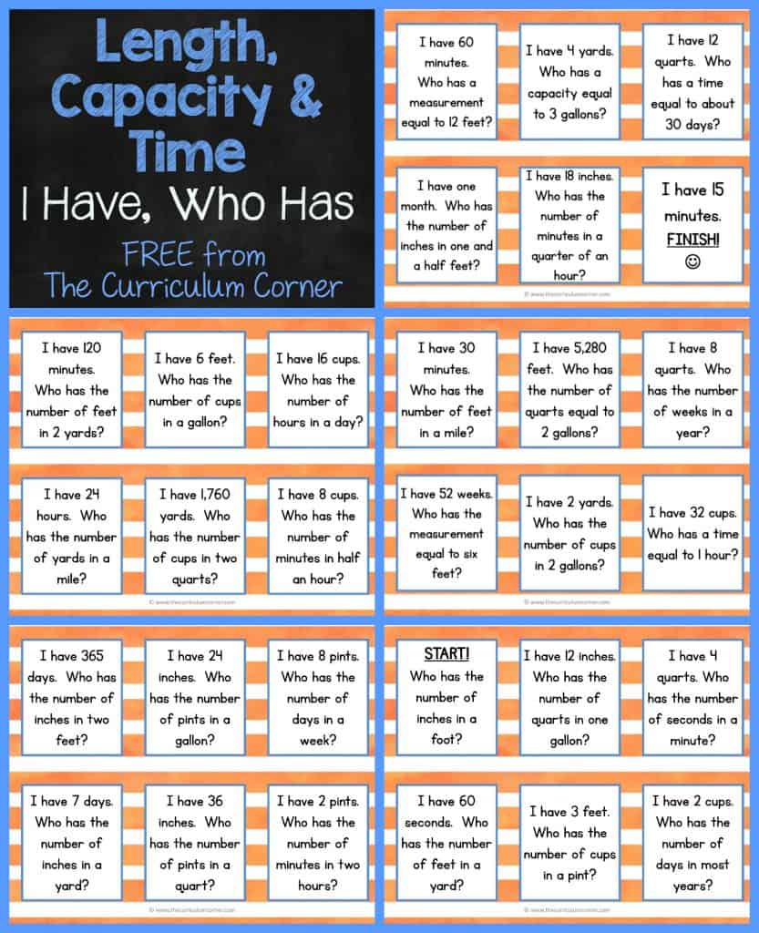 FREEBIE Math Activity 3rd grade Length, TIme & Capacity Game - I Have, Who Has Activity FREEBIE from The Curriculum Corner