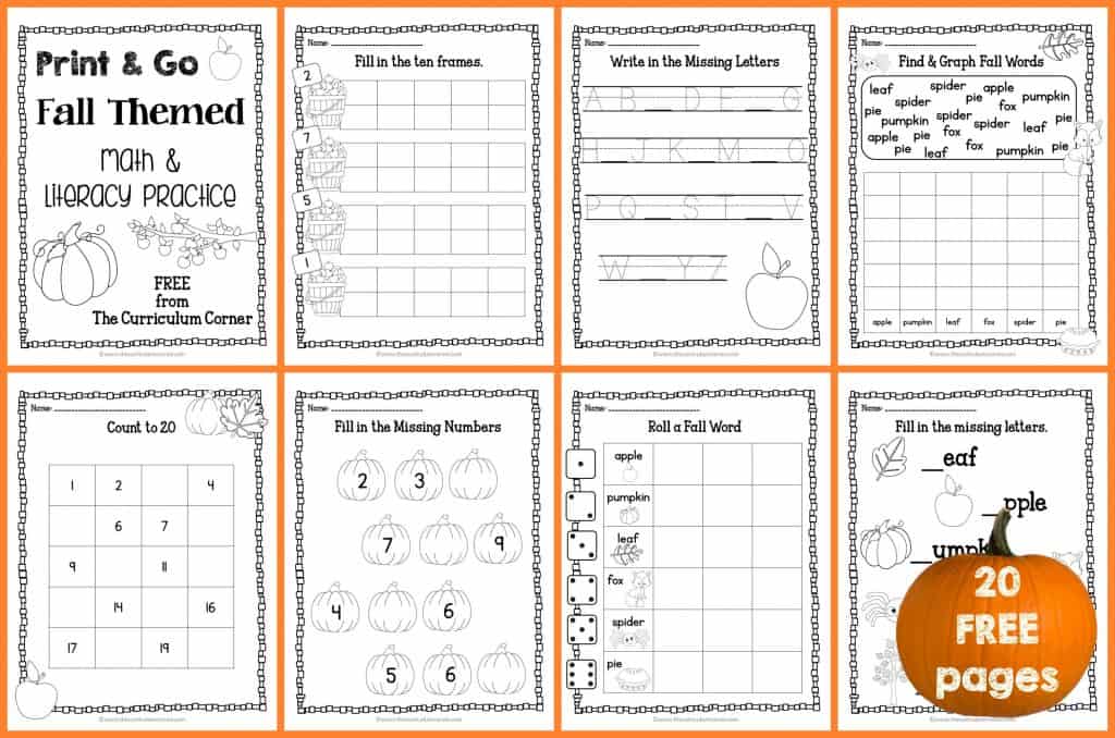 FREE Fall Print & Go Math and LIteracy Pages from The Curriculum Corner