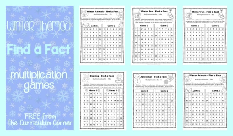 FREE Winter Themed Find a Fact Multiplication Games from The Curriculum Corner | Math Freebies