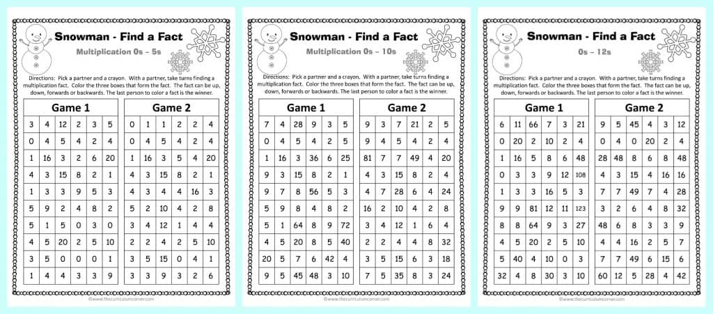 FREE Winter Themed Find a Fact Multiplication Games from The Curriculum Corner | Math Games