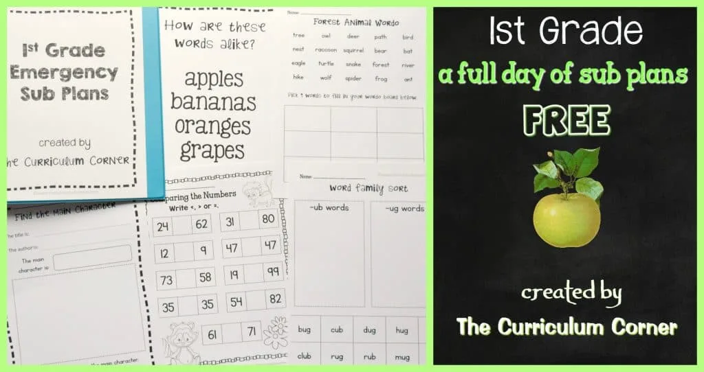 FREE 1st Grade Sub Plans for Emergencies from The Curriculum Corner