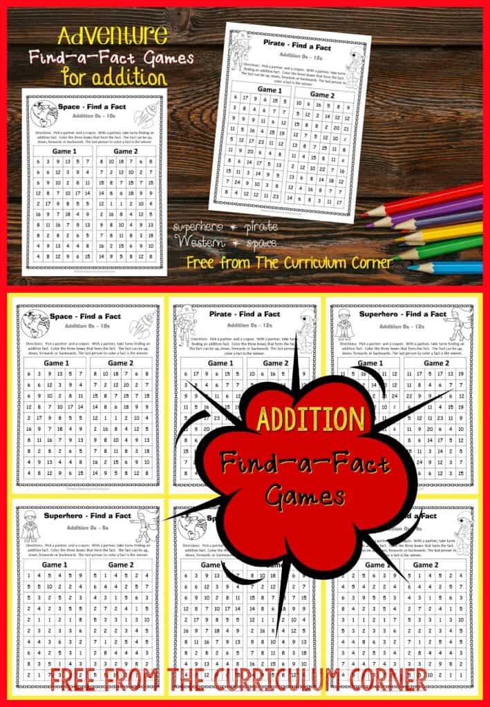 FREEB Addition Find-a-Fact practice games from The Curriculum Corner ...