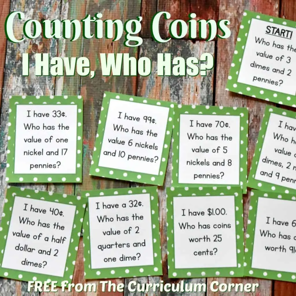 FREEBIE Counting Coins I Have Who Has Math Game from The Curriculum Corner | Money