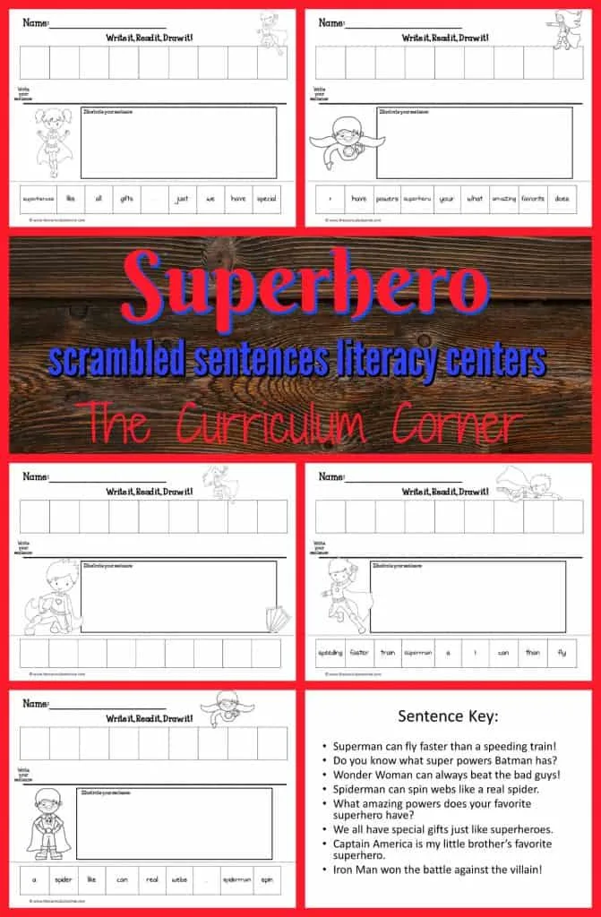 FREE Superhero Literacy Center | Write it, Read it, Draw it scrambled sentences from The Curriculum Corner | FREEBIE