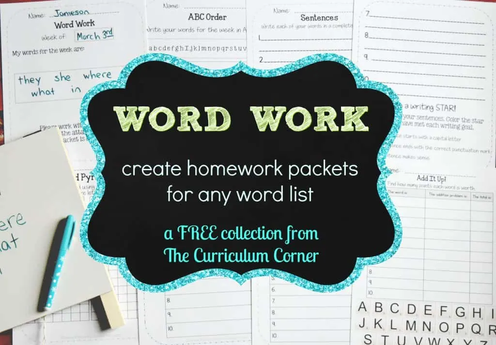 FREE Word Work Homework Packets to be used with ANY WORDS! FREE from The Curriculum Corner